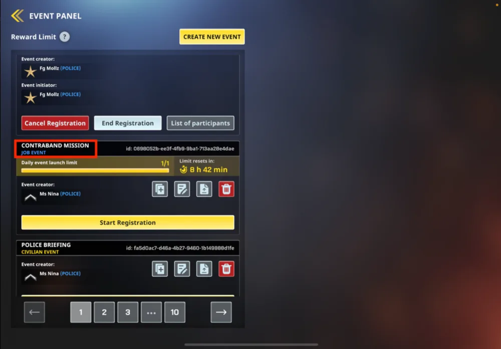 Painel de Eventos da Corporação no OneState RP