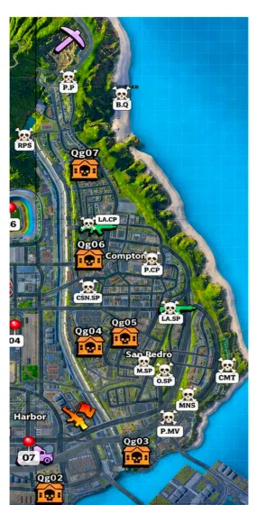 Zoom da região de San Pedro e Compton com os QGs