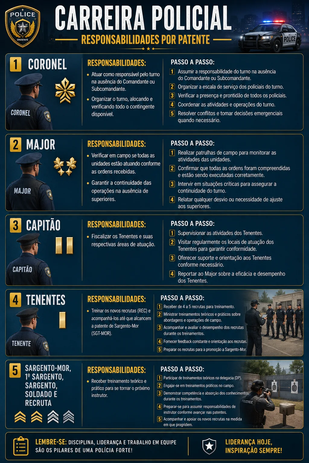 Carreira Policial: responsabilidades por patente no OneState RP